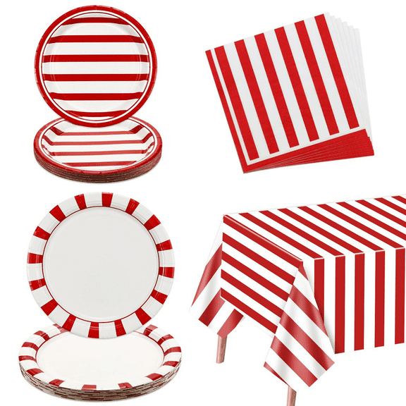 Carnival Circus Party Accessories, Red and White Stripes Party Decorations, 61 Piece Contains Cardboard Plates, Napkins, Carnival Tablecloth, for Birthday, Baby Shower, Picnic, Served 20 Guests