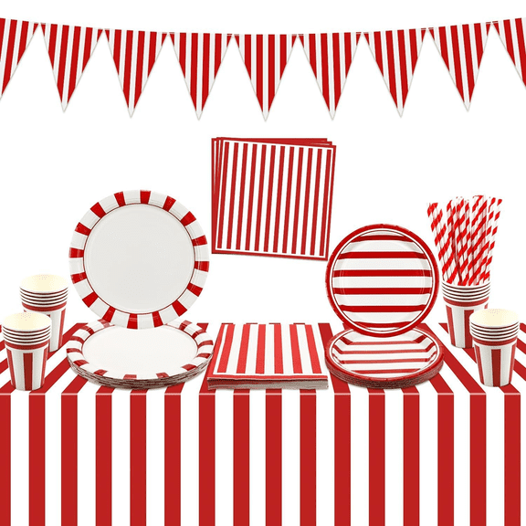 Carnival Circus Party Supplies, Red and White Stripes Party Decorations, Includes Paper Plates, Cups, Napkins, Carnival Tablecloth, Flag for Birthday Carnival Baby Shower Christmas, Serves 20