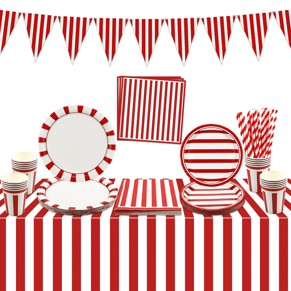 Carnival Circus Party Supplies, Red and White Stripes Party Decorations, Includes Paper Plates, Cups, Napkins, Carnival Tablecloth, Flag for Birthday Carnival Baby Shower Christmas, Serves 20