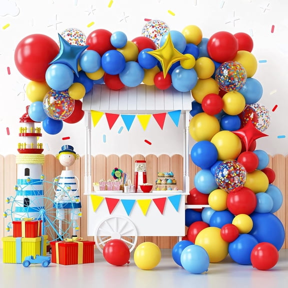 Carnival Circus Theme Party Decorations, Primary Color Balloon Arch Kit, 120pcs Red Blue Yellow Party Balloons Rainbow Confetti and Star Foil Balloons for Birthday Carnival Theme Decorations