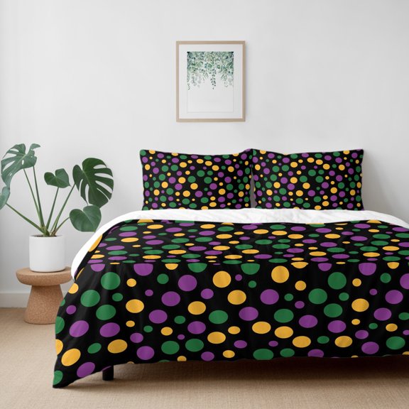 Carnival Colorful Polka Dots California King Size Bed Set,Green Purple Yellow Dot on Black Bedding for All Seasons,4Pcs Bed Set with 1 Quiltcover (96"x104"),1 Sheet (110"x98"),2 Pillowcases (20"x36")