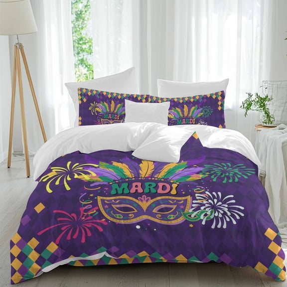 Carnival Comforter Set Twin Size, Mask Feathers Firework Purple Yellow Blocks Soft Bedding Set for Man Woman, 4 Pieces Duvet Cover Set with Fitted Sheet, 2 Pillowcases