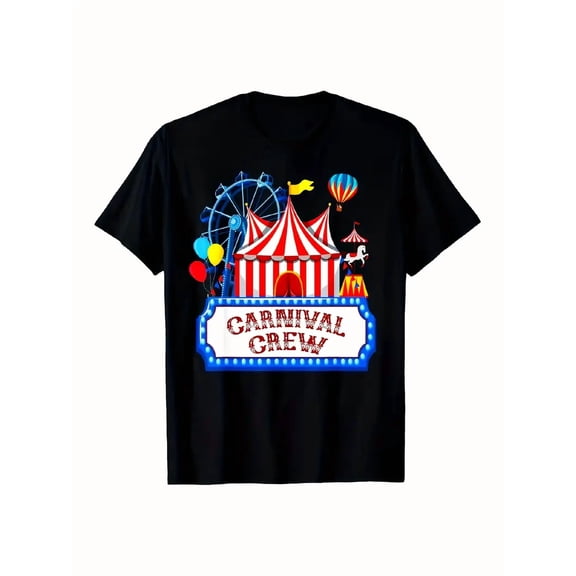 Carnival Crew Graphic T-Shirt - Vintage Circus Design with Ferris Wheel, Clown & Balloons, Soft Breathable Cotton, Unisex Regular Fit, Machine Washable, Perfect for Summer