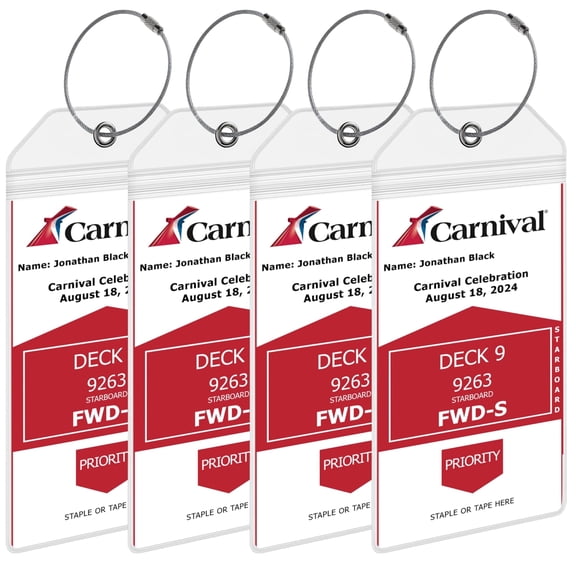 Carnival Cruise Luggage Tag Holders [4 Pack] – Waterproof, Durable Plastic with Steel Loops – Fits All Carnival Ships for Cruising in 2026, 2027 and 2028 – Cruise Essentials by AnchorsUp