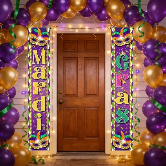 Carnival Door Decorations,Atmospheres Hanging Flags,Luxurious Mardi Gras Mask Vertical Banner for Circus Party Decoration