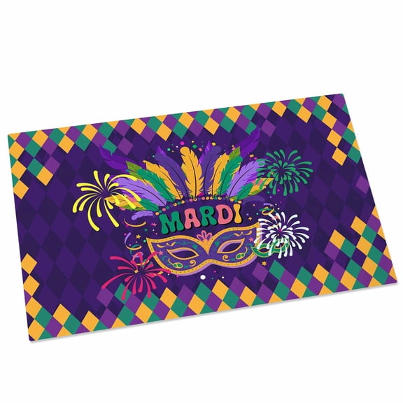 Carnival Door Mat 16x24 Inch Mask Feathers Firework Purple Yellow Blocks Entryway Rug with Non-Slip Rubber, Front Door Rug Indoor Floor Mats for Living Room Bathroom Bedroom Home Office