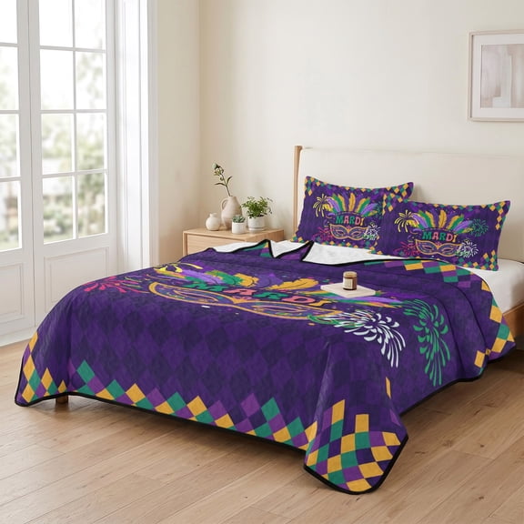 Carnival Ethnic Tribal Feather 3 Pieces Quilt Set,1 Quilt with 2 Shams,Mask on Purple Diamond Grid Bedspread Soft Lightweight Bedding Coverlet Comforter Set for All Season 90"x96"