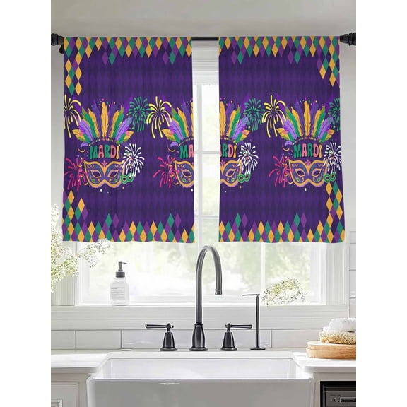 Carnival Ethnic Tribal Feather Chiffon Sheer Curtains 45 Inches Long, Mask on Purple Diamond Grid 2 Rod Pocket Window Treatment Voile Drapes Curtains for Living Room Bedroom,2 Panels, 52x45In