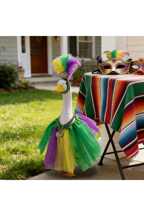 Carnival Feather Headdress & Bead Necklace & Tulle Skirt Outfit Set for Porch Goose Decoration, Holiday Party Garden Lawn Ornament Accessories
