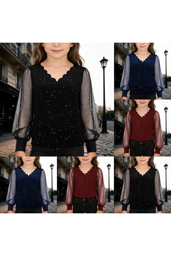 Carnival Girls' Sparkling V Neck Shirts Long Sleeved Loose Fit Casual T-Shirt Top 4 Y-5 Y