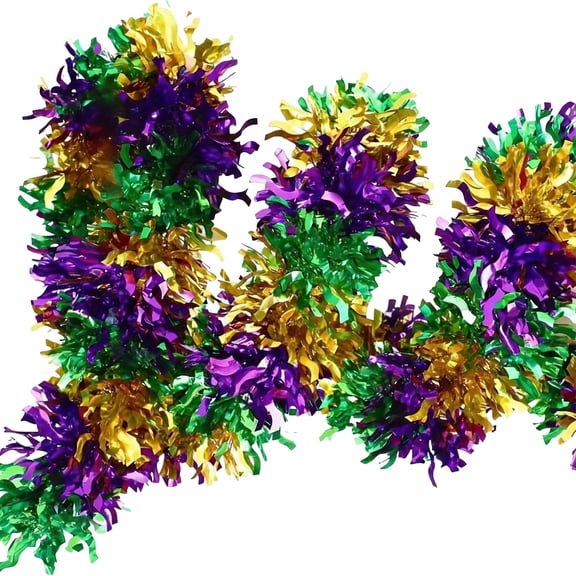 Carnival Gras Garland, 2m Shiny Foil Tinsel Streamer in Festive Colors, Wrinkle-Resistant for Party Decor, Easy Drape Indoor Outdoor Use, Ideal for Floats Doorway Mantel Table Decoration