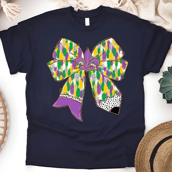 Carnival Inspired Teacher Shirt with Purple Yellow Green Bow, Navy, Size L