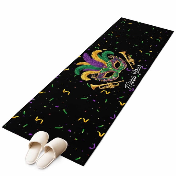 Carnival Kitchen Runner Rug 2x6 Washable Runners for Hallway Non Slip Chic Purple Green Feathers Mask Ribbons Large Area Rug Indoor Floor Carpet for Bathroom Laundry Entryway Bedroom Living Room