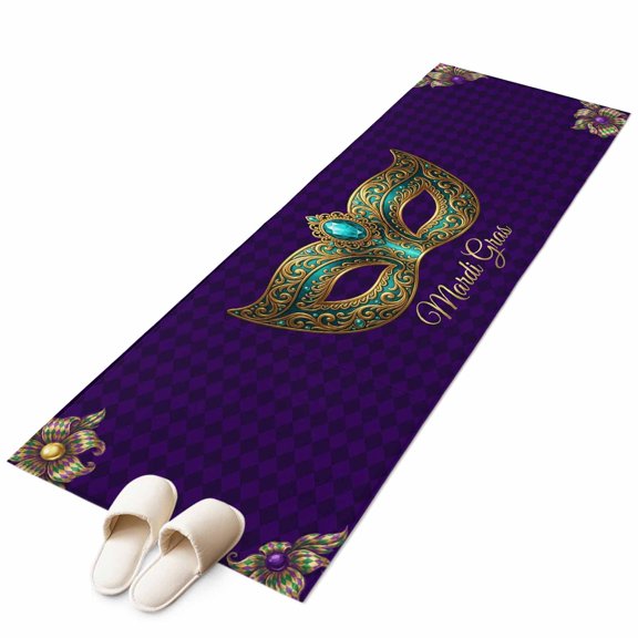 Carnival Kitchen Runner Rug 2x6 Washable Runners for Hallway Non Slip Modern Chic Mask Flower Purple Plaid Checkered Large Area Rug Indoor Carpet for Bathroom Laundry Entryway Bedroom Living Room