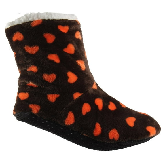 Carnival Ladies Super Soft Non Slip Sole Sherpa Slipper Heart Brown Orange
