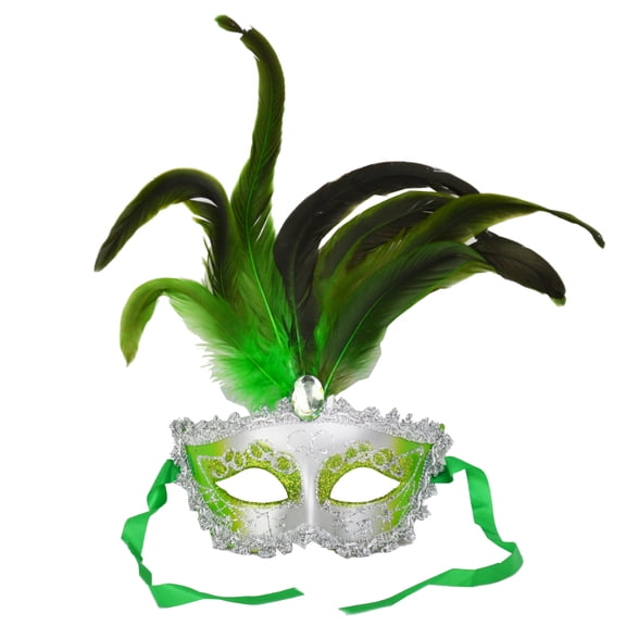 Carnival Mardis Gras Colorful Costume Mask With Jewel and Colorful Feathers, Green