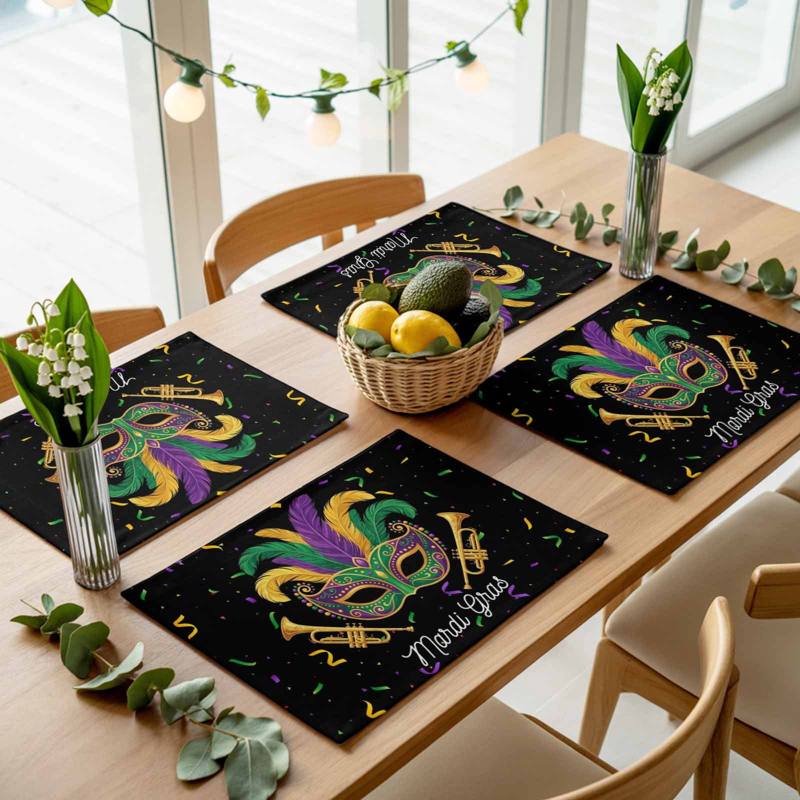 Carnival Mask Feather Trumpet Placemats Set of 4,Wipeable Washable ...