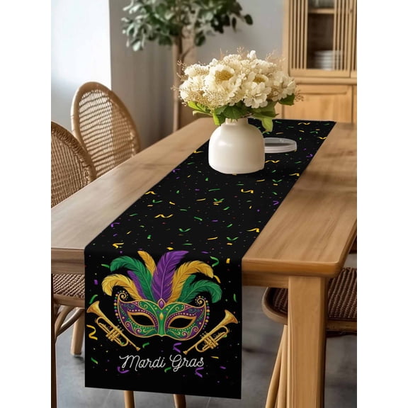 Carnival Mask Feather Trumpet Table Runner 70 Inches Long,Kitchen Dining Tablerunners Celebration Ribbon on Black Linen Table Runners Dresser Scarves for Home Dinner Wedding Holiday Party Decor