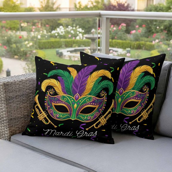 Carnival Mask Feather Trumpet Waterproof Throw Pillow Covers Set of 2 Celebration Ribbon on Black Outdoor Cushion Cover Pillow Protector Decorative Pillowcases for Bed Sofa Couch