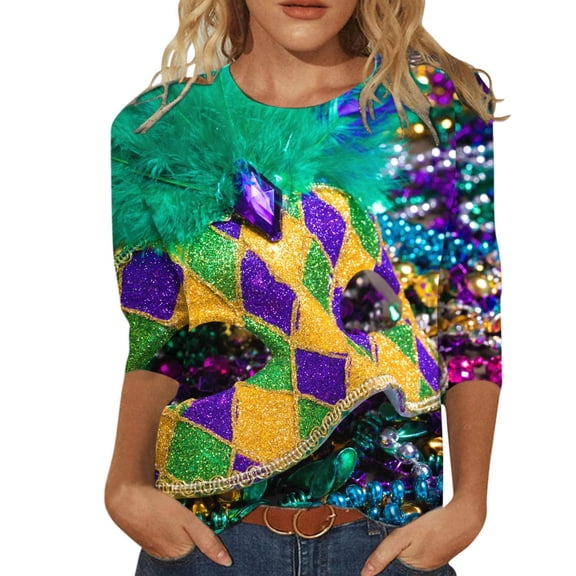 Carnival Mask Printed Shirts for Women Round Neck 3/4 Sleeve Blouses Retro Ethnic Style T Shirt Casual Womens Tops A-Green XL