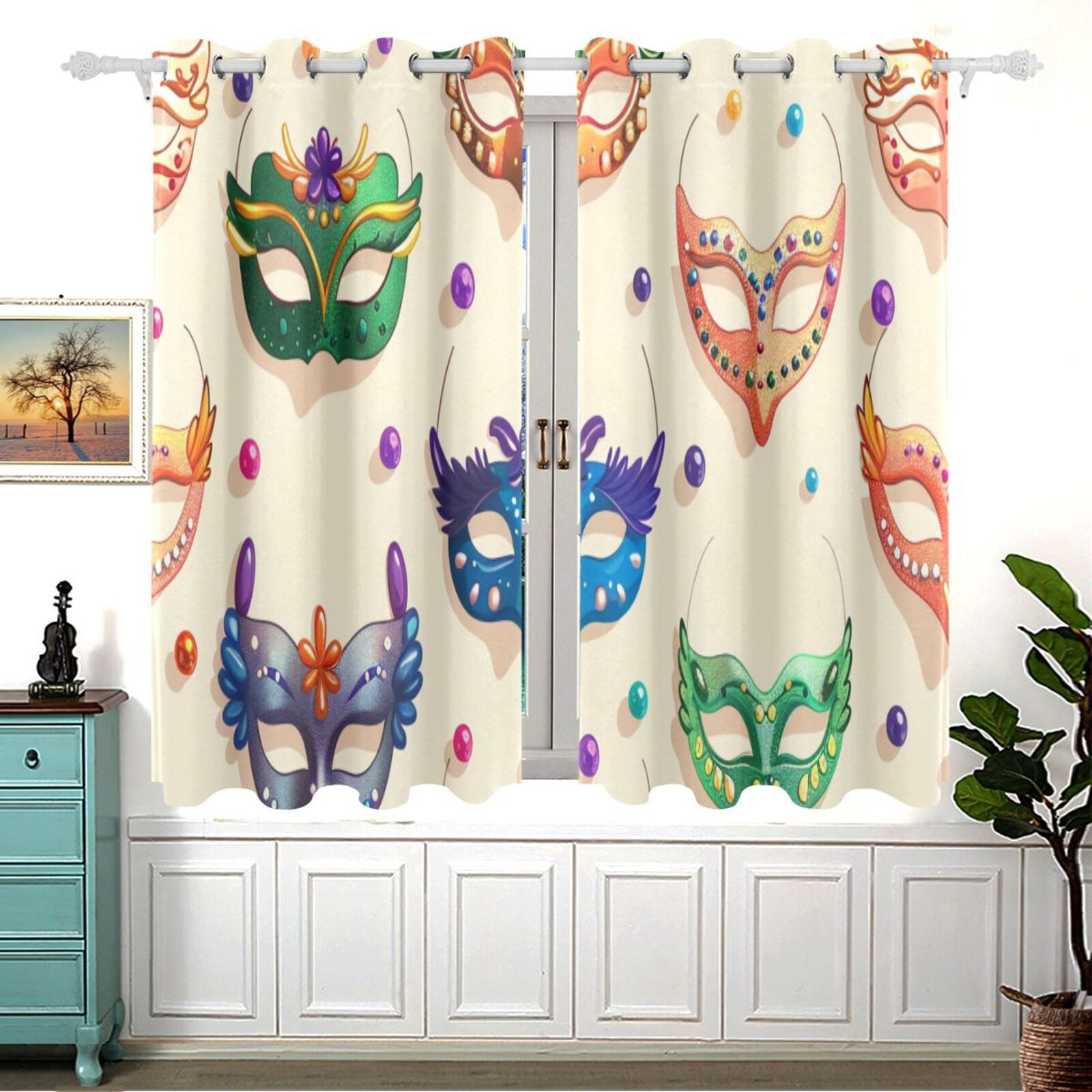 Carnival Masks Beads 54×55 Inch Black Out Curtains 2 Packs Aesthetic for Bedroom Living Room Sliding Glass Doors Kitchen Windows