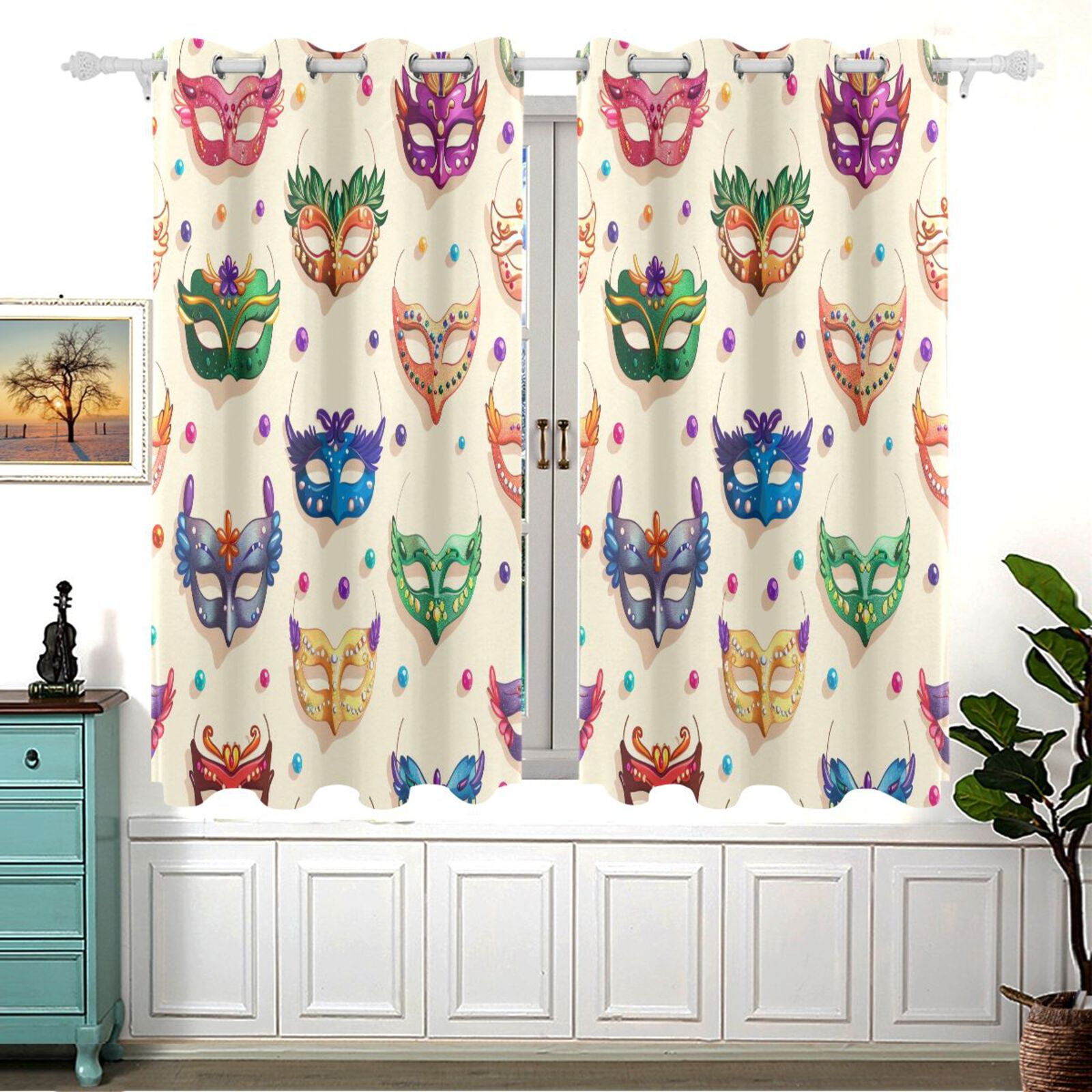 Carnival Masks Beads Black Out Curtains Aesthetic for Bedroom Living Room Sliding Glass Doors Kitchen Windows 2 panels set