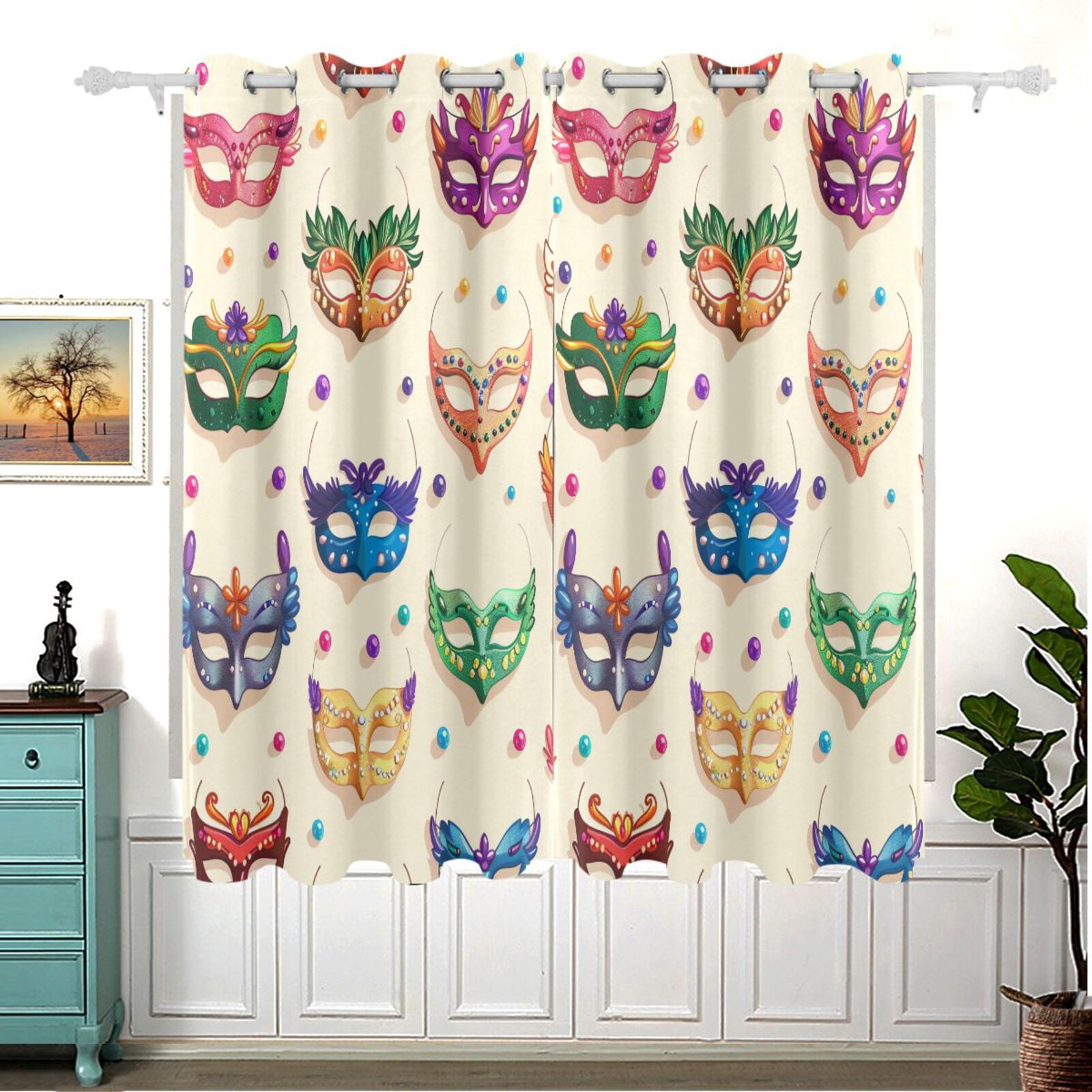 Carnival Masks Beads Blackout Curtain Panels 63x55in Drapes Privacy Assured for Living room Bedroom Bathroom 2 panels set