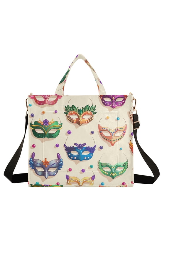 Carnival Masks Beads Corduroy Tote Bag Handbag Large Messenger Bag Shoulder Crossbody Zipper Bag Purse
