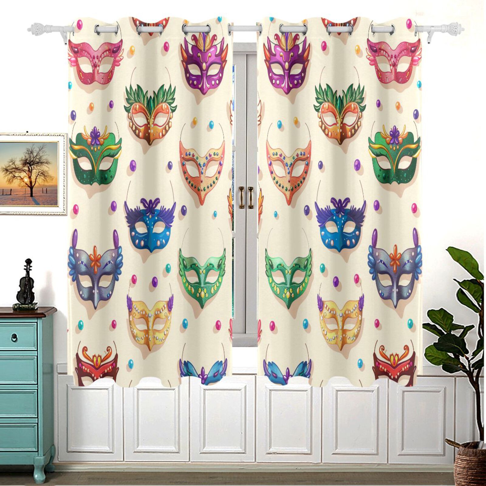 Carnival Masks Beads Curtains Black Out Curtains for Sliding Glass Doors Bedroom Living Room Bathroom 2 Panels Set