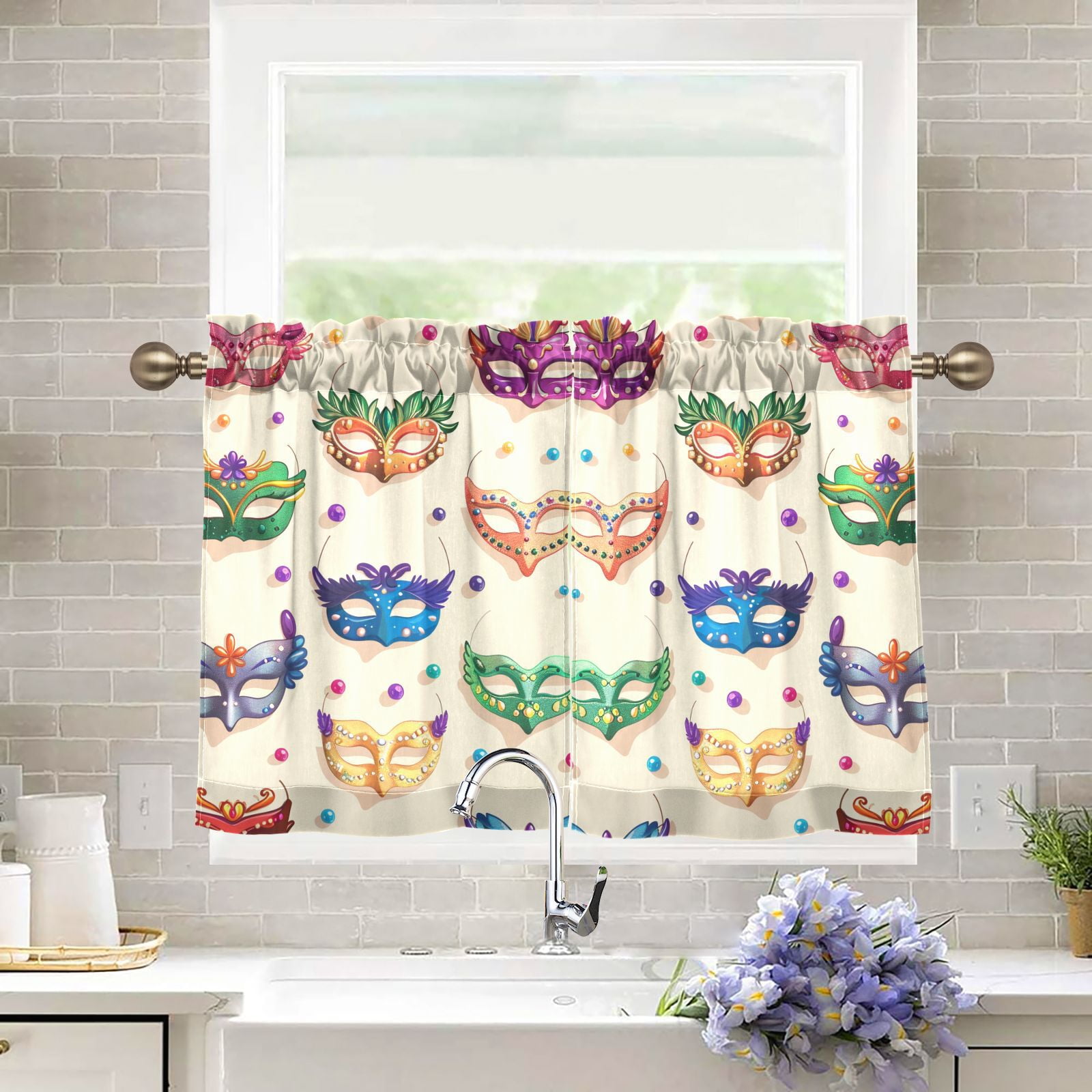 Carnival Masks Beads Kitchen Curtains Half Tier Curtain 2 Rod Pockets Bathroom Bedroom Cupborad Living Room 27"x36"