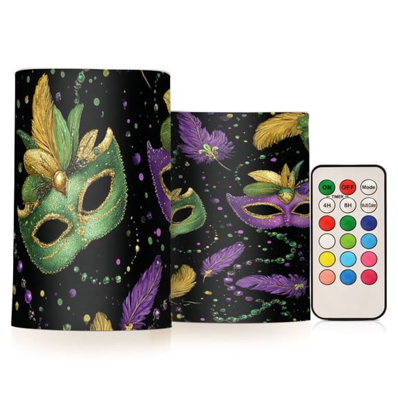 Carnival Masks Flickering Flameless Candles Battery Operated with Remote Timer LED Pillar Candles Set of 2