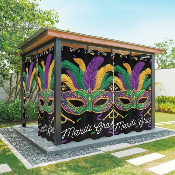 Carnival Outdoor Curtains for Patio Waterproof, Grommet Outdoor Privacy Panels, Chic Purple Green Feathers Mask Ribbons Weatherproof Outside Curtains for Porch/Cabana 54"Wx108"L, 2 Panel