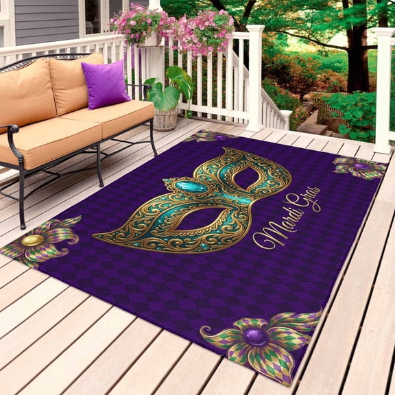 Carnival Outdoor Rug 3x5 Ft, Non Slip Washable Area Rug, Modern Chic Mask Flower Purple Plaid Checkered Patio Rugs Carpet Runner, Large Floor Mat for Indoor/Outdoor Deck Porch Camping