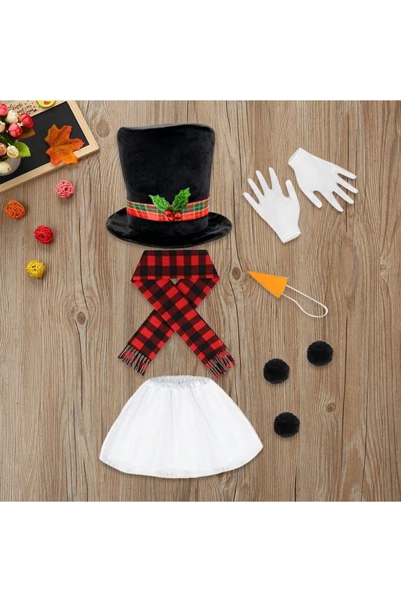 Carnival Party Velvet Bells Red Tartan Hat Red Black Striped Scarf White Snowman Tutu Skirt Holiday Red One Size