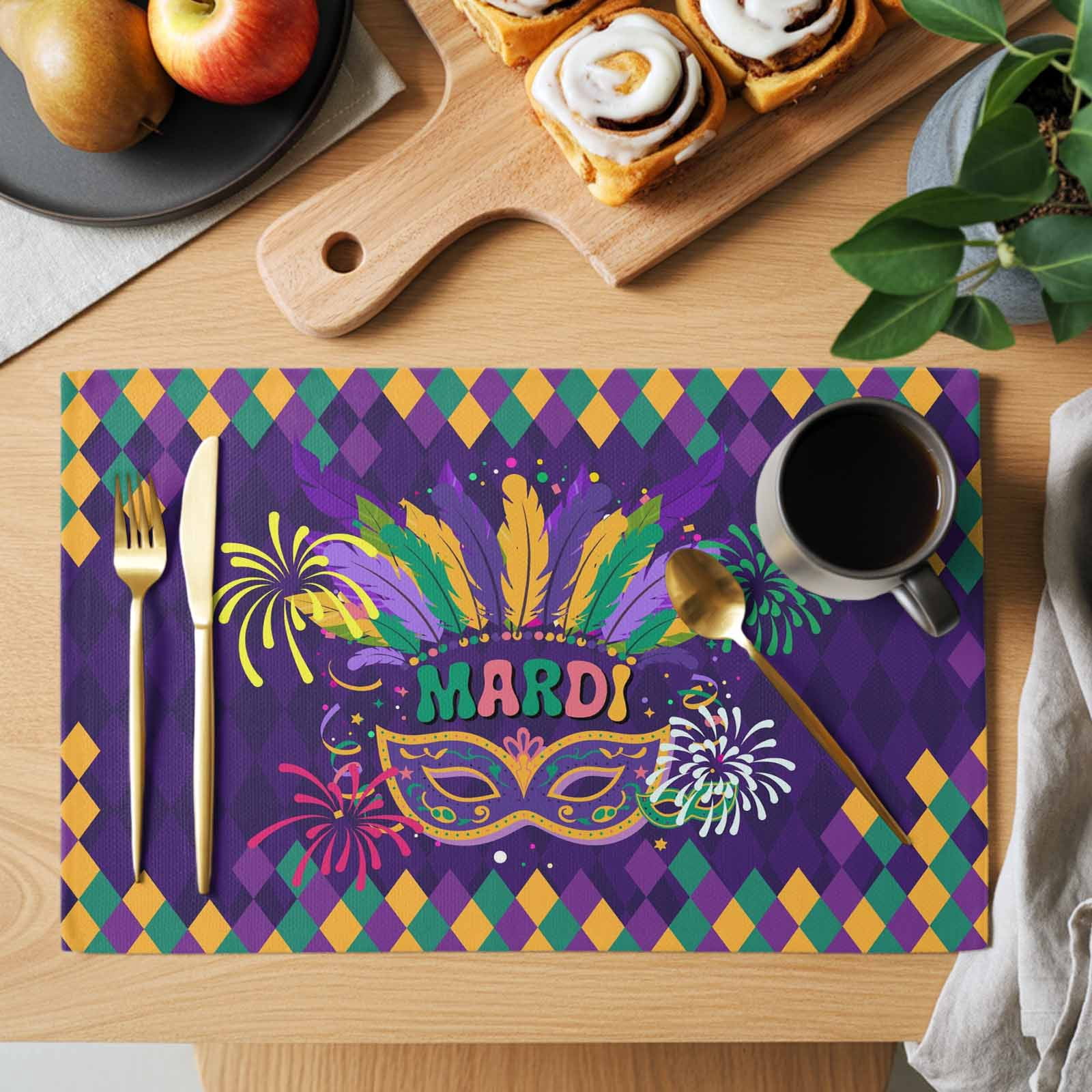 Carnival Placemats Set of 6, Mask Feathers Firework Purple Yellow ...