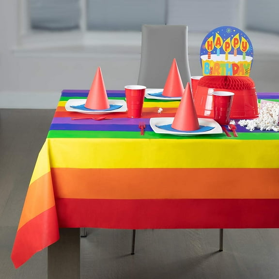 Carnival Pride Rainbow Banner Theme 6 Pack Premium Disposable Plastic Tablecloth 54 Inch. x 108 Inch. Rectangle Table Cover By Grandipity