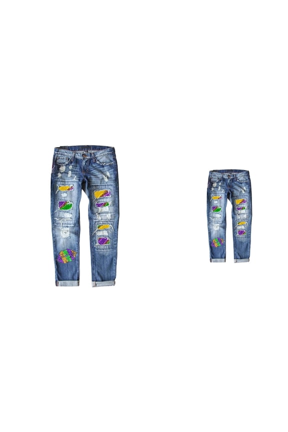 Carnival Print Distressed Mid-Rise Straight Leg Jeans, Women's Ripped Denim with Floral & Graphic Design, Raw Hem Roll-Up Style, Iron-On Patches