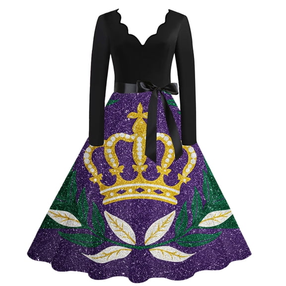 Carnival Print Simple Elegant Temperament Atmospheric Dress for Women Long SleeveEvening Party Dress Gold S