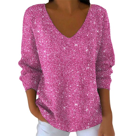 Carnival Sequin Tops for Women Long Sleeve Holiday Shirt Fashion Loose Crew Neck Pullover Casual Elegant Sparkly Top for Daily Wear Hoodless Sweatshirt