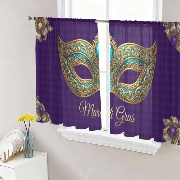 Carnival Sheer Curtains 45 Inch Length 2 Panels Set, Modern Chic Mask Flower Purple Plaid Checkered Voile Window Treatment Rod Pocket Small Kitchen Curtains Drapes for Bedroom 52"x45"x2