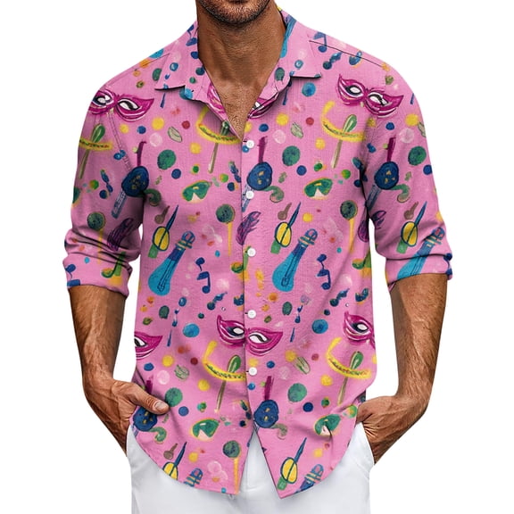 Carnival Shirts for Men Mask Feather Print Long Sleeve Regular Fit Fat Tuesday Casual Button Mardi Gras Shirts