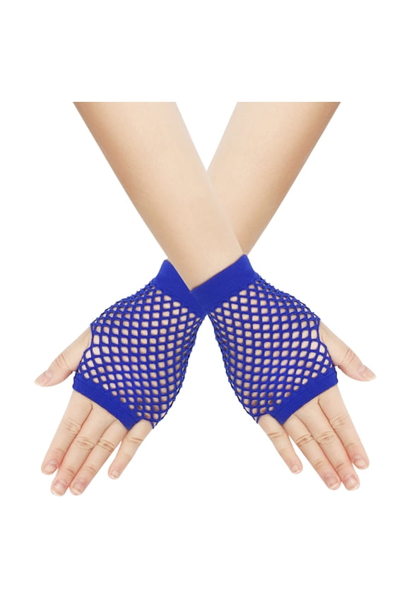 Carnival Short Fingerless Colorful Fishnet Gloves Mardi Gras Stretch Breathable Fish Net Gloves Handmade Masquerade Neon Crochet Mittens for Women Mesh Glove Party Supply Accessory(Blue)