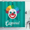 thumbnail image 1 of Carnival Shower Curtain, Cursive Typography with Cartoon Happy Clown Face on Striped Background, Fabric Bathroom Set with Hooks, 69"WX70"L, Teal and Multicolor, by Ambesonne, 1 of 3