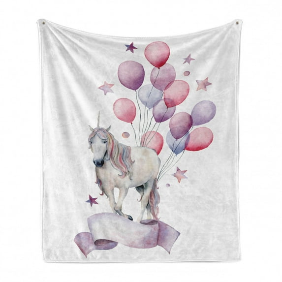 Carnival Soft Flannel Fleece Throw Blanket, Fantasy Theme a Unicorn and Violet Hues Balloons and Stars and Dreamy, Cozy Plush for Indoor and Outdoor Use, 50" x 60", Multicolor, by Ambesonne