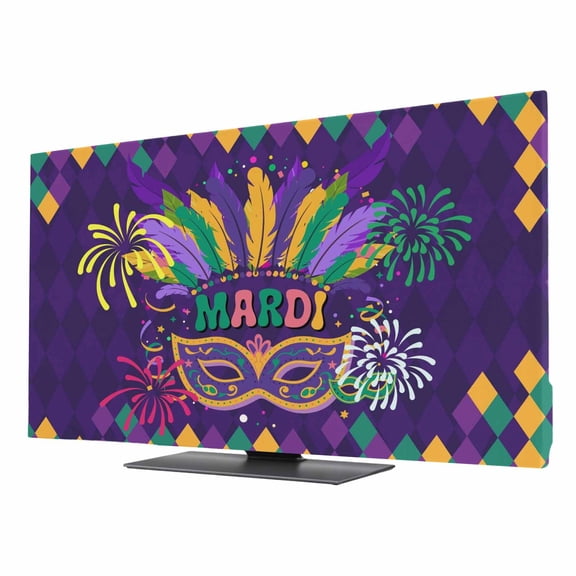 Carnival TV Dust Cover 24 Inch, Mask Feathers Firework Purple Yellow Blocks Computer Monitor Cover Dustproof Stretchable Indoor TV Screen Protector for LED LCD Universal Monitors