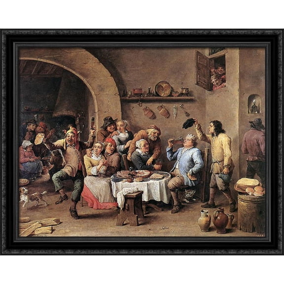 Carnival 'The King Drinks' 34x28 Large Black Ornate Wood Framed Canvas Art by David Teniers the Younger