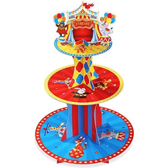 Carnival Theme Cupcake Stand 3 Tier Circus Cardboard Cupcake Holder Tent Cake Stand Dessert Tower Holder for Carnival Circus Themed Birthday Party Decoration Supplies