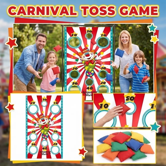 Carnival Theme Party Decorations Toss Game Banner with 3 Bean Bags 6 Holes for Indoor Outdoor Activities Birthday Party Games Adult and Kids Carnival Fun Red White Blue Festive Design