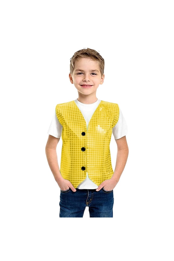 Carnival Themed Boys Vest with Cut Square Patchwork Sequin Applique, Kids Sleeveless V-Neck Waistcoat for Stage Performance, Dance Party Costume – Unisex Hip Hop Jacket for Boys and Girls
