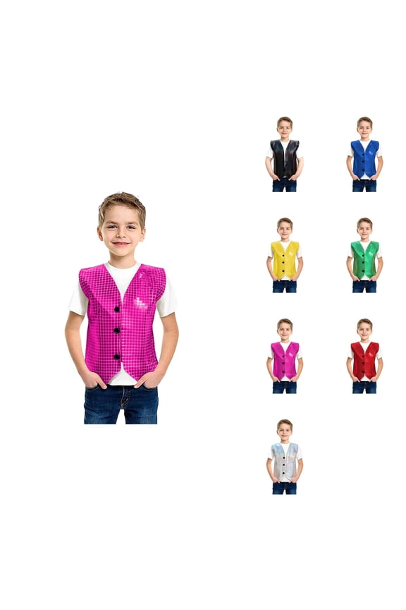Carnival Themed Boys Vest, Cut Square Patchwork Sequin Applique Sleeveless V-Neck Waistcoat for Stage Performance & Party Wear